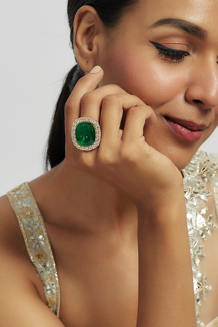 Gold Finish Zircon & Emerald Stone Ring by Moh-Maya by Disha Khatri at Pernia's Pop Up Shop